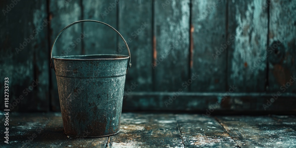 A solitary, weathered metal bucket positioned on a rustic wooden floor against a worn and textured wooden background in vintage setting A solitary, weathered metal bucket positioned on a rustic wooden floor against a worn and textured wooden background in vintage setting