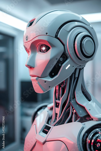 Close-up of a humanoid robot's face, showcasing intricate electronic circuits, sensors, and glowing components, symbolizing advancements in robotics and artificial intelligence photo