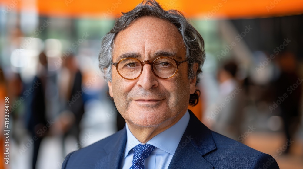 Fototapeta premium Portrait of a distinguished middle-aged man wearing glasses and a suit, confidently posing indoors with a blurred crowd in the background, embodying professional and sophisticated demeanor