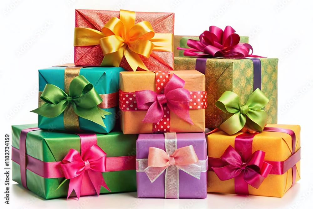 Beautifully Wrapped Gifts with Bow, Isolated on White Background - Perfect for Holiday or Birthday Stock Photo Beautifully Wrapped Gifts with Bow, Isolated on White Background - Perfect for Holiday or Birthday Stock Photo