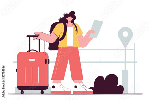 Young woman with travel suitcase and map going on a trip. Tourism concept. Vector flat illustration
