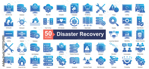 Disaster Recovery Icon Collection Set.Containing data security, database, virus, back up, computer, publication, file backup, service, threat icon. Simple glyph gradient style Vector Illustration.	