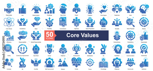 Core Values Icon Collection Set.Containing dependable, like, determination, challenge, open mind, expert, freedom, core values, happiness icon. Simple glyph gradient style Vector Illustration.