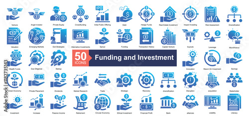 Funding and Investment Icon Collection Set.Containing venture, angel investor, private equity, crowdfunding, debt, hedge funds icon. Simple glyph gradient style Vector Illustration.	