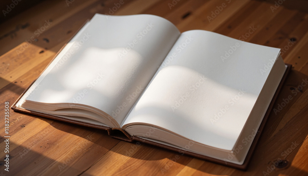 Fototapeta premium Open book with blank pages under warm light, a sense of creativity