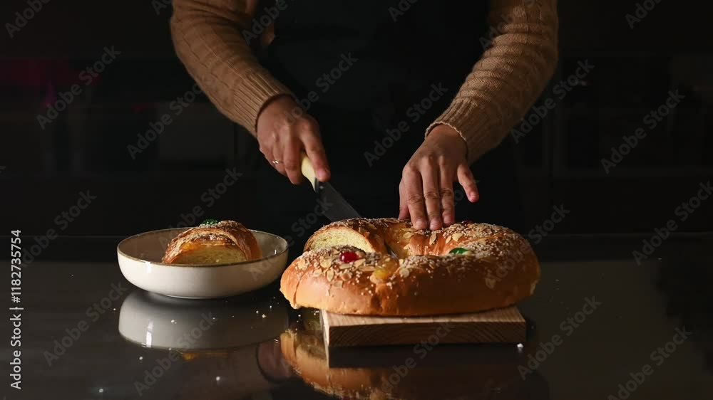 Slicing Rosca de Reyes Spanish Bread for Three Kings Day Celebration
