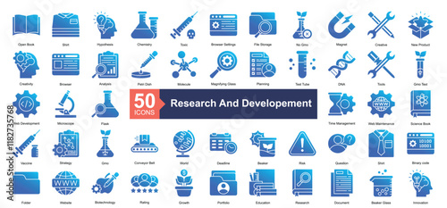 Research and Developement Icon Collection Set.Containing creative, new product, creativity, browser, analysis icon. Simple glyph gradient style Vector Illustration.	
