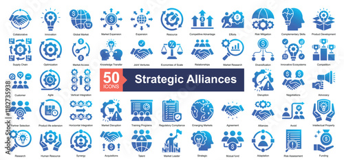 Strategic Alliances Icon Collection Set.Containing collaborative, innovation, global market, market expansion icon. Simple glyph gradient style Vector Illustration.	