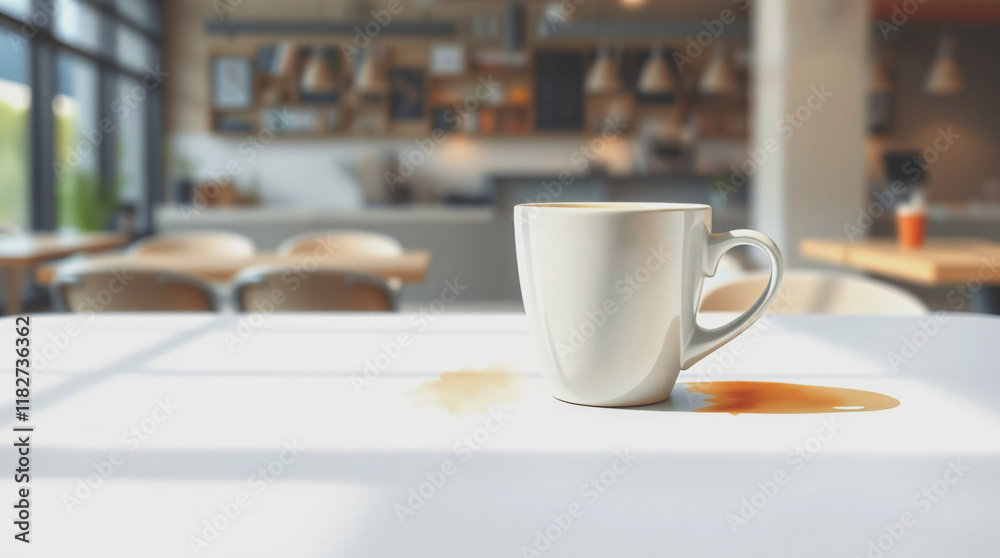Fototapeta premium Minimalist White Coffee Mug in a Contemporary Café