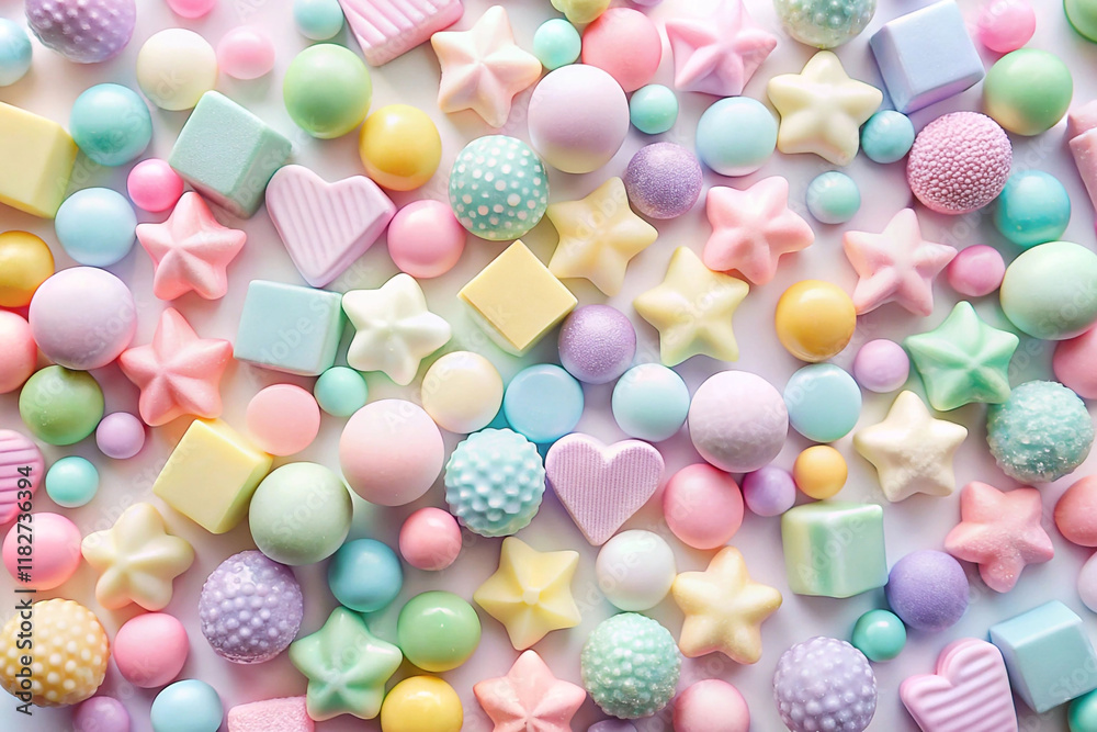 Fototapeta premium Pastel-colored candy assortment, overhead shot.
