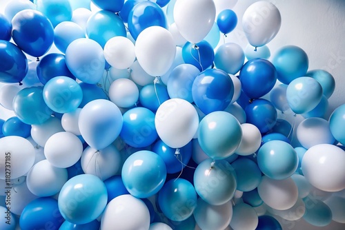 Blue and White Balloons Floating on White Background - Festive Party Decoration Stock Photo