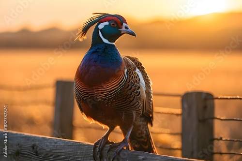 A majestic ring necked pheasant perched atop a weathered fence post, its iridescent feathers shimmering in the golden light of the setting sun.