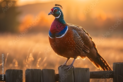 A majestic ring necked pheasant perched atop a weathered fence post, its iridescent feathers shimmering in the golden light of the setting sun.