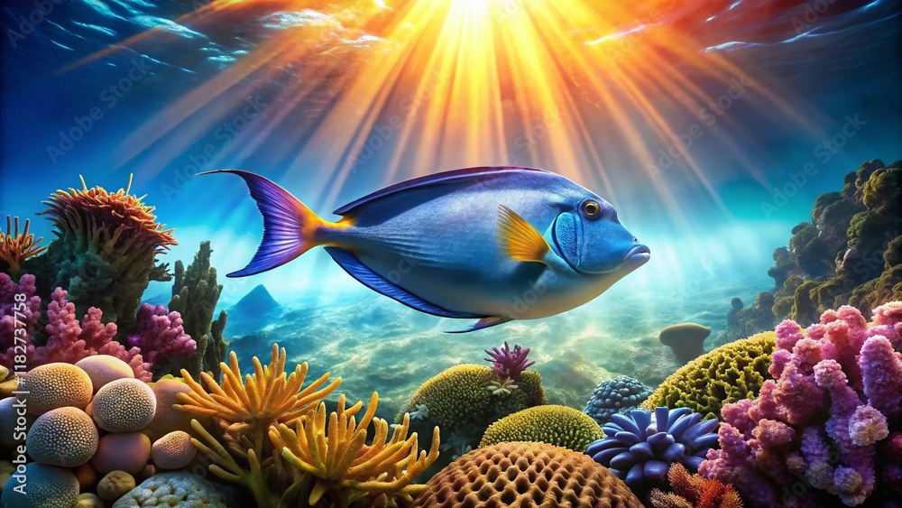 Naklejka premium Blue Spine Unicornfish Swimming in Coral Reef - Stock Photo
