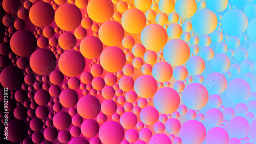 Colorful abstract creative background of macro view with transparent oil droplets circle pattern on gradient background. Close-up vibrant artistic oil bubbles on water surface. Vector illustration