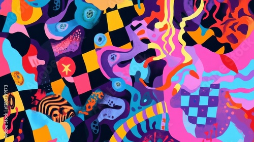 A Vibrant Abstract Composition with Bold Colors and Intricate Geometric Patterns