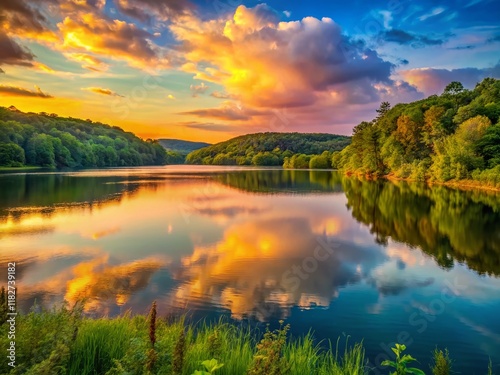 Obraz na płótnie Breathtaking Brown County Indiana Lake Sunset Panoramic w salonie