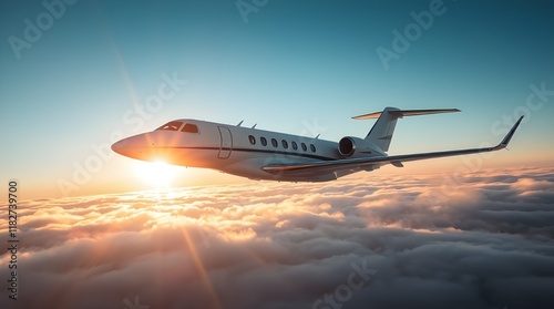 Professional photograph with smooth gradient transitions a warm, slightly dark image of a white private jet against a soft, orange and pink sky. Soft contrast, soft saturation, and seamless color blen