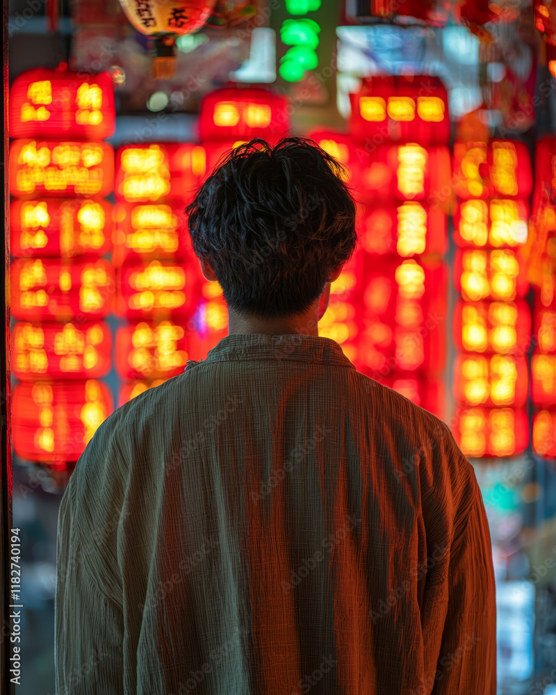 Person in muted shirt, back to camera, faces glowing lanterns. Person in muted shirt, back to camera, faces glowing lanterns.