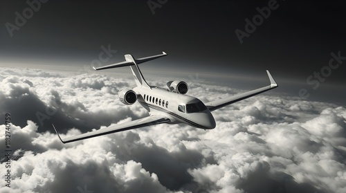 A private jet, sleek and white, soars above a sunset sky of vibrant orange and pink, clouds below a mix of grey and white, rendered in rich burgundy and deep blue with a bright lens flare, showcasing 
