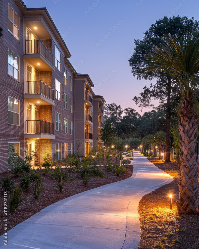 Evening twilight illuminates a paved walkway beside a multi-story apartment building. Evening twilight illuminates a paved walkway beside a multi-story apartment building.