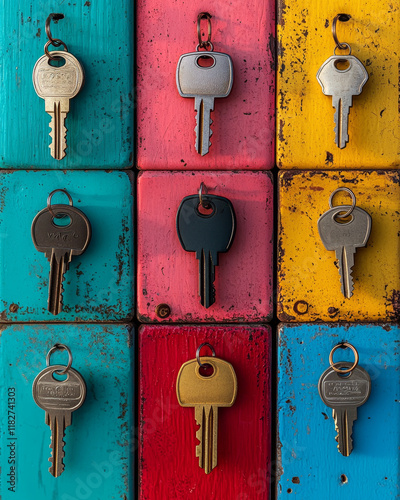 Nine keys on colorful painted blocks. photo