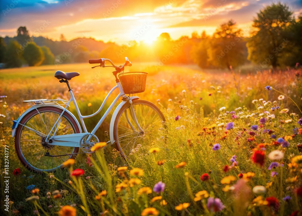 Naklejka premium Candid Photo: Bicycle Amidst Vibrant Flower Fields - Summer Romance