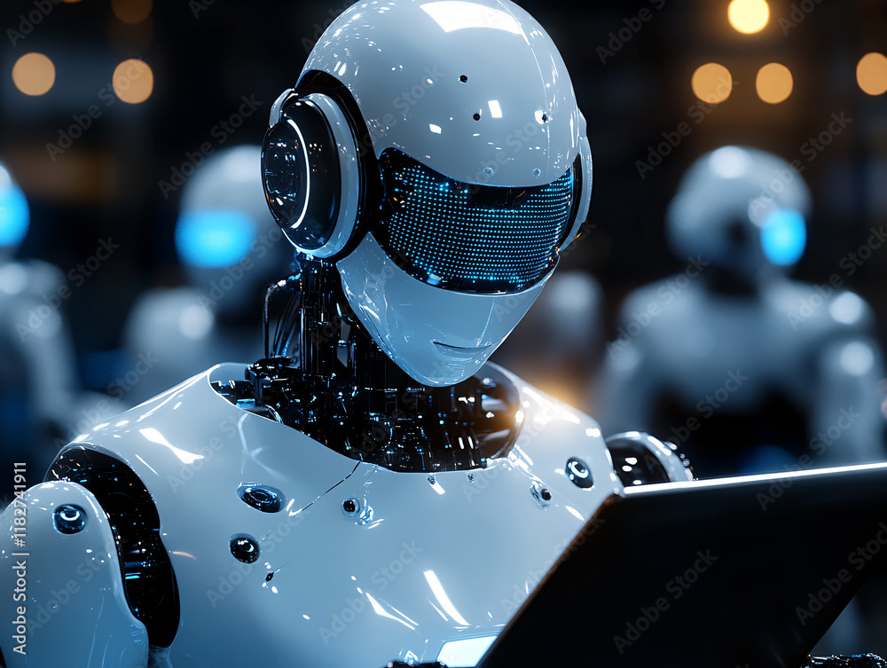 modern robot in a white case with backlight, working with a tablet on a blurred light background bokeh. concept of artificial intelligence and robotics, humanoid android modern robot in a white case with backlight, working with a tablet on a blurred light background bokeh. concept of artificial intelligence and robotics, humanoid android