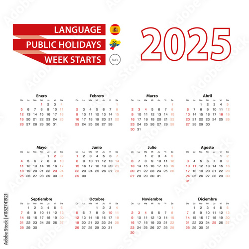 Calendar 2025 in Spanish language with public holidays the country of Ecuador in year 2025.