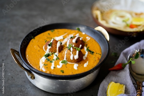 Malai Kofta served with Paratha |Indian vegetarian curry with deep fried potato paneer balls photo