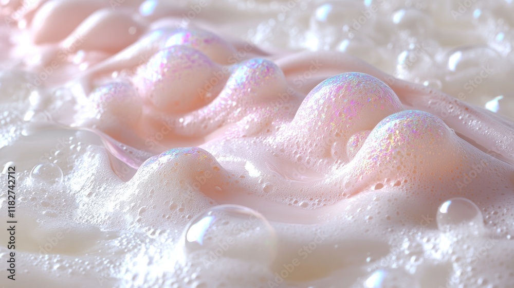 Fototapeta premium Close-up of iridescent bubbles and foam, creating a soft and dreamy aesthetic.