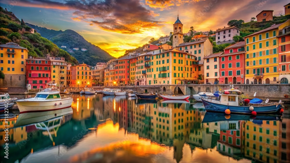 Obraz premium Charming Italian Coastal Village: Picturesque Camogli Harbor at Sunset