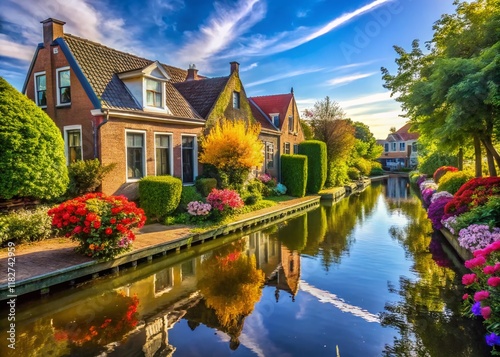 Charming Houses with Waterside Gardens, Eegracht Canal, IJlst, Friesland, Netherlands photo