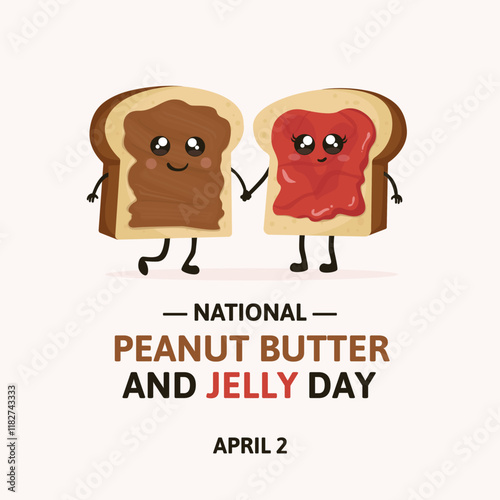 National Peanut Butter and Jelly Day. Cute cartoons of toast holding each other hands.