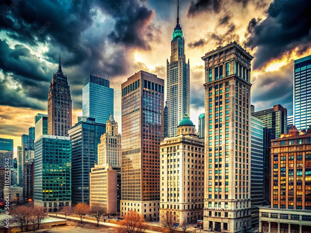 Fototapeta premium Chicago Skyline: Old & New Architecture on a Cloudy Winter Day