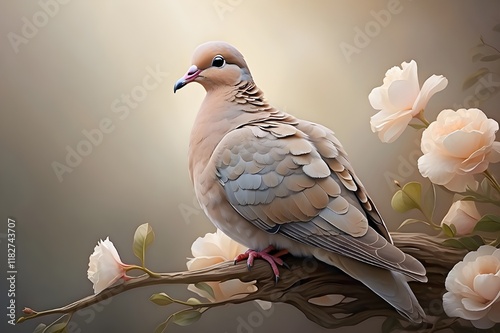 A stunning, ethereal rendering of a mourning dove perched on a branch, its soft feathers gently ruffled by a gentle breeze.