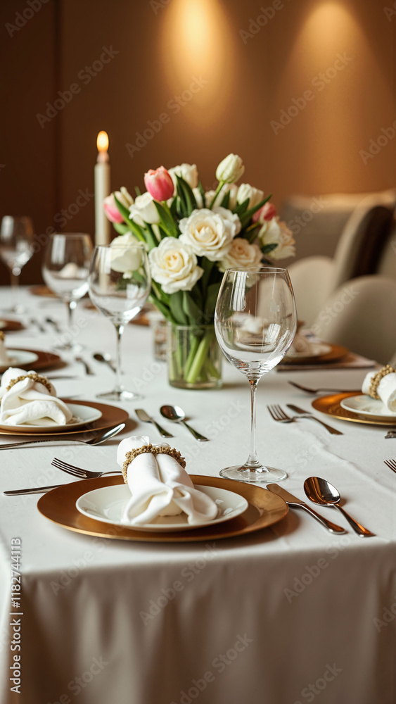 Elegant Table Setting with Floral Centerpiece: Perfect for Fine Dining, Wedding, and Event Planning Marketing Elegant Table Setting with Floral Centerpiece: Perfect for Fine Dining, Wedding, and Event Planning Marketing