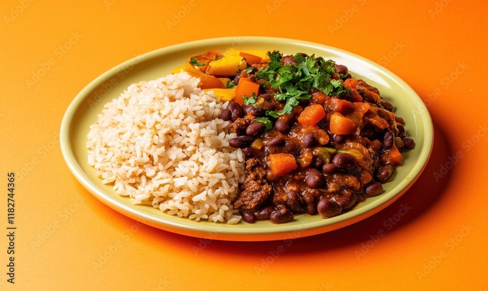 Delicious Baiao de Dois featuring rice, beans, and carne seca on a smooth plate with vibrant colors Delicious Baiao de Dois featuring rice, beans, and carne seca on a smooth plate with vibrant colors