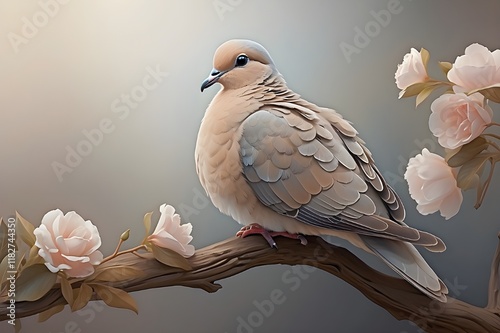 A stunning, ethereal rendering of a mourning dove perched on a branch, its soft feathers gently ruffled by a gentle breeze.