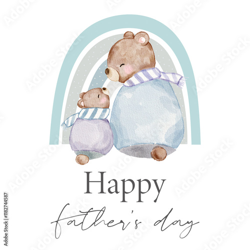 Happy Father's Day Cute Graphic - Daddy Bear and Baby Bear with Rainbow