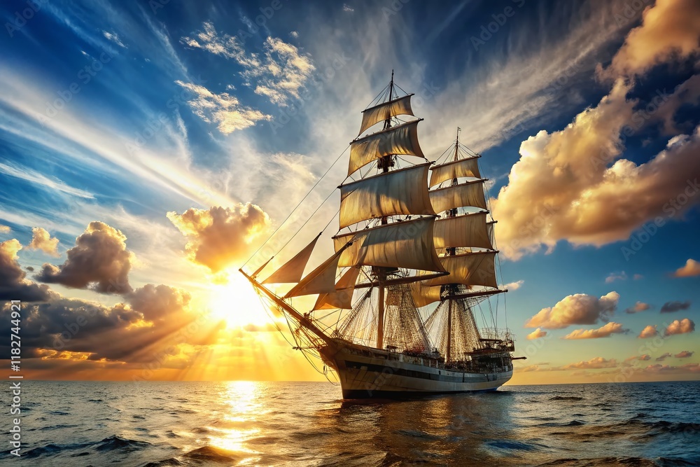 Fototapeta premium Classic Sailing Ship Goelette Marie Galante at Sea, Rule of Thirds Composition