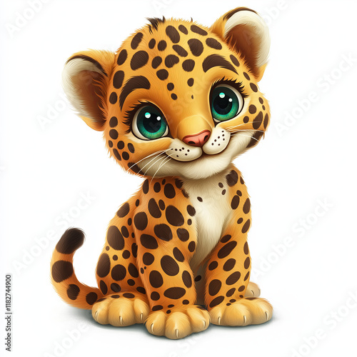 Baby jaguar cub clipart in a three-dimensional cartoon style. The jaguar cub has soft golden fur with black rosettes, big shiny green eyes, and a playful, innocent smile. Sitting cutely