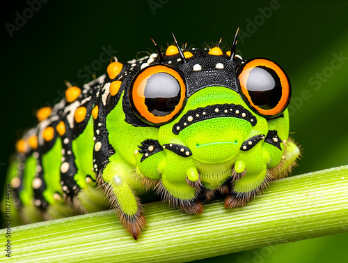 A close up of a green caterpillar on a blade of grass photo