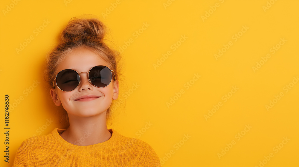 Fototapeta premium Cheerful young girl wearing stylish sunglasses smiling against a vibrant yellow background expressing joy and confidence