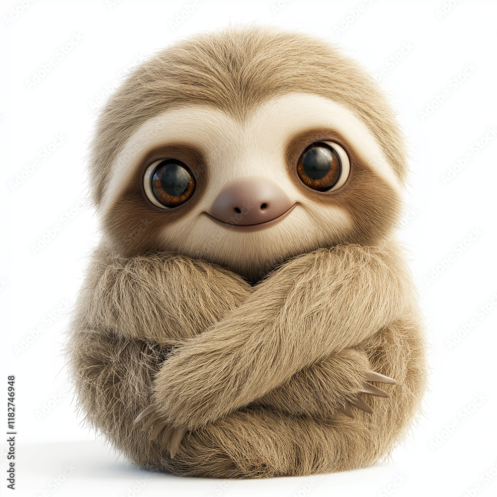 Fototapeta premium Sloth clipart with fluffy light-brown fur, oversized glossy eyes, and a gentle, happy expression. The sloth is sitting with its little arms wrapped around itself