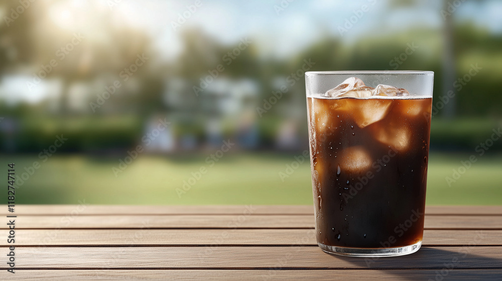 Refreshing glass of iced coffee with ice cubes sitting on a wooden table in a serene outdoor setting Refreshing glass of iced coffee with ice cubes sitting on a wooden table in a serene outdoor setting
