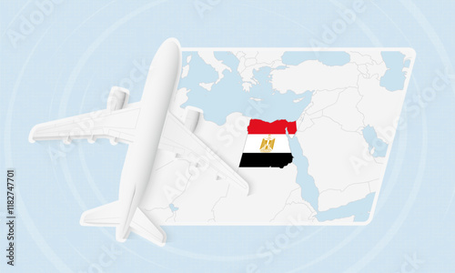 Egypt Travel Illustration with Plane and National Flag. Airplane Flying Over Egypt Map.