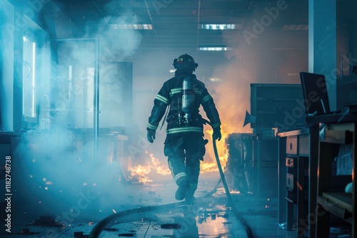 A firefighter in full gear walks through a smoky office hallway, pulling a hose towards a visible fire