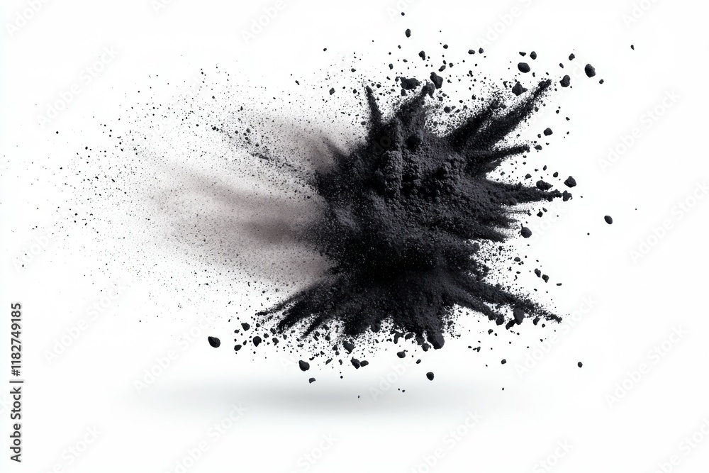 Dynamic explosion of black powder against a white background Dynamic explosion of black powder against a white background