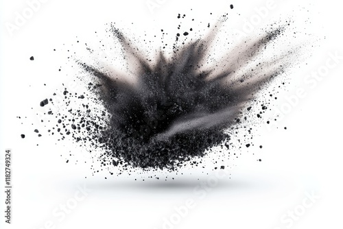 Dynamic explosion of black powder on white background